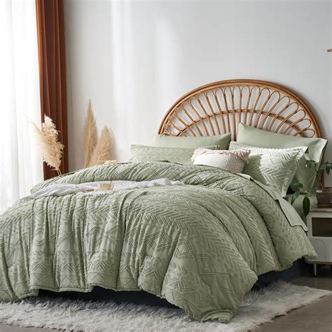 King Size Comforter Set 7 Pieces Green Boho Tufted Bedding Comforter