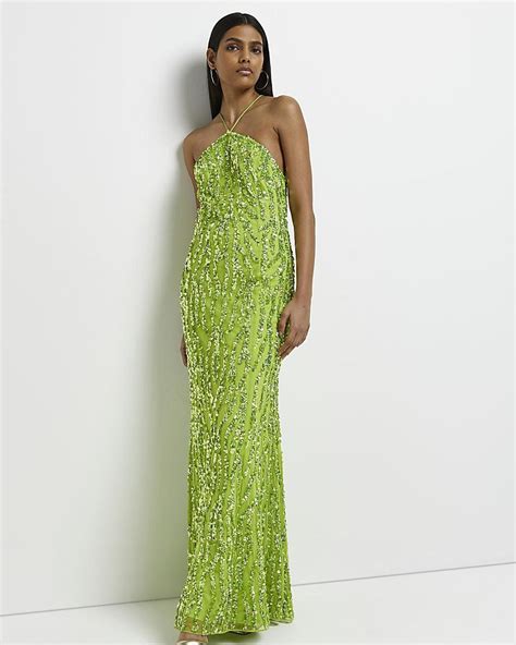 River Island Sequin Halter Neck Maxi Dress In Green Lyst