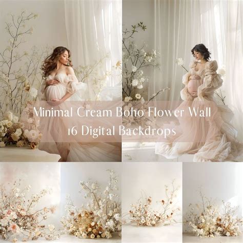 Minimal Cream Floral Wall Digital Backdrops Maternity Wedding Portrait