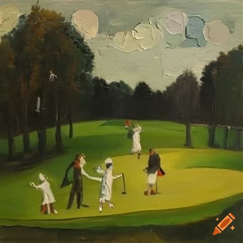 Impasto Oil Painting Of A Golf Course With Angels Demons Swings