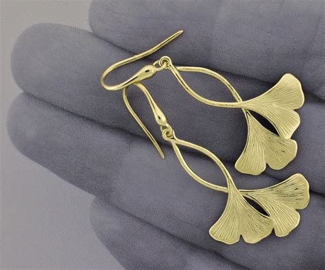 Gold Double Ginkgo Leaf Earrings Solid 14k Ginkgo Dangle Etsy