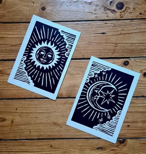 Sun And Moon Art Prints Linocut Artwork Celestial Gift Black White