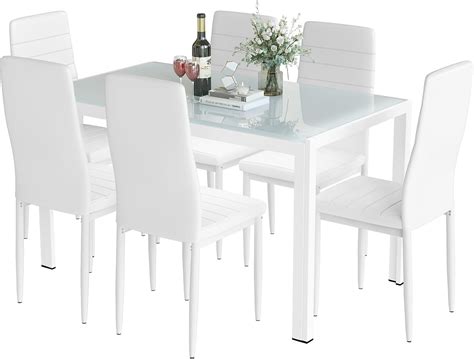 AWQM Juego De Mesa De Comedor De Cristal Blanco De 7 Piezas Para 6