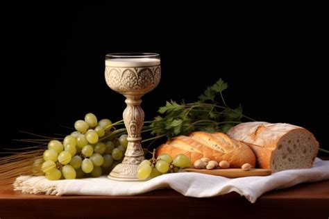 Santa Comunión con un cáliz de vino pan uvas y espigas de trigo en