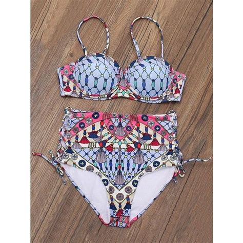 Side Lace Up High Waisted Aztec Bikini Liked On Polyvore