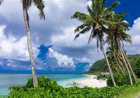 Playa Tropical En El Lado Sur De La Isla De Samoa Con Palmeras De Coco