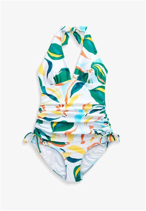 Next Ruched Tummy Control Plunge Swimsuit Bañador White Tropical