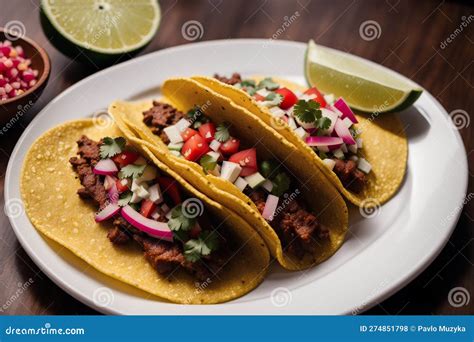 Tacos Mexicanos Tradicionales Con Cebolla De Tomate De Ternera Y Salsa