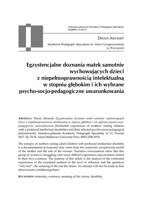 Pdf Egzystencjalne Doznania Matek Samotnie Wychowuj Cych Dzieci Z