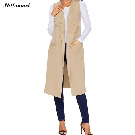 2018 New Womens Fashion Sleeveless Lapel Knit Cardigan Causal Ladies Long Sweater Vest Pocket