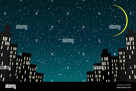 Cartoon city against the background of the night starry sky and the moon Stock Vector Image ...