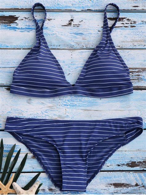 Off Banded Striped Bikini Set In Blue Zaful