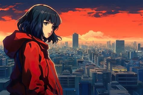 Una Chica Anime Con Una Chaqueta Roja Se Para Frente A Un Paisaje