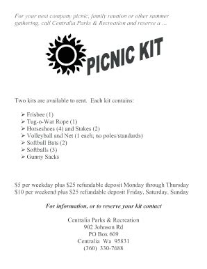 Fillable Online Picnic Play Kit Application City Of Centralia Wa Fax