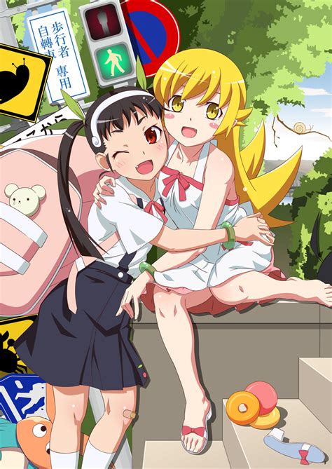 Safebooru 2girls Bag Bakemonogatari Bandaid Black Hair Blonde Hair