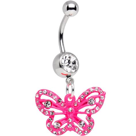 Clear Gem Pink Fluttering Butterfly Dangle Belly Ring Bodycandy