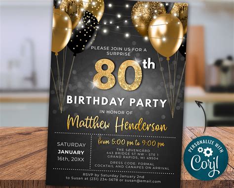 80th Birthday Invitation EIGHTY Party Black Gold Glitter Sparkle