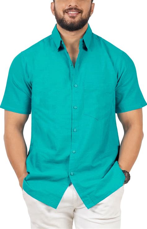 La Leela Mens Hawaiian Shirt Solid Casual Short Sleeve Button Down Beach Shirts For Men L Teal