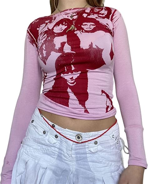 Womens Graphic Print Crop Top Slim Long Sleeve T Shirt Vintage Punk