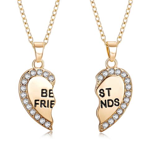 2pcs Per Set Heart Rhinestone Best Friends Engraved Pendant Friendship