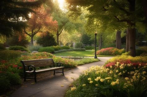 Premium AI Image | A park bench in the park with flowers on the ground