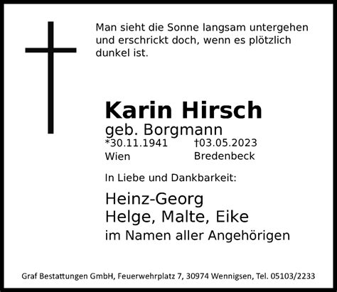 Traueranzeigen Von Karin Hirsch Trauer Anzeigen De