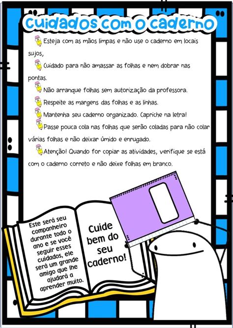 Recado cuidados o caderno e agenda Caderno 1º dia de aula