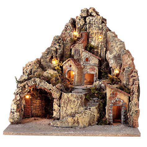 Borgo Presepe Napoletano Illuminato Con Grotta X X Cm Legno E