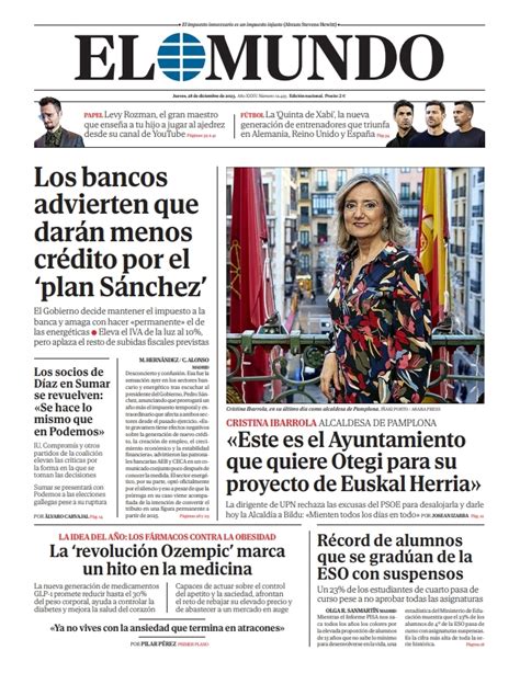 Portada De El Mundo Del Jueves De Diciembre De Medios