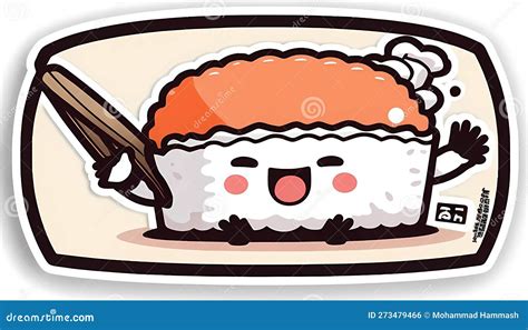 Kawaii Sushi Mascot In Cartoon Style Cute Uramaki With Salmon For Menu