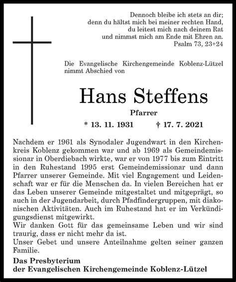 Traueranzeigen Von Hans Steffens Rz Trauer De