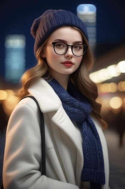 Premium Photo A Pretty Girl In Winter Clothes And Glasses Is Standing On The Street At Night