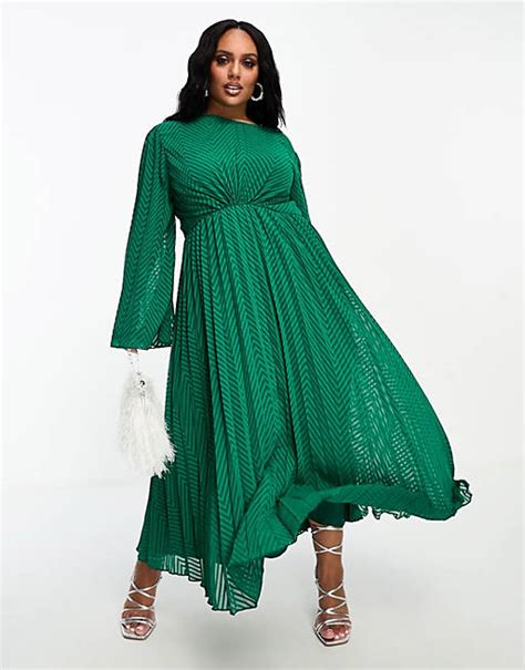 Asos Design Curve Tie Back Fluted Sleeve Pleated Chevron Chiffon Midi Dress In Green Asos