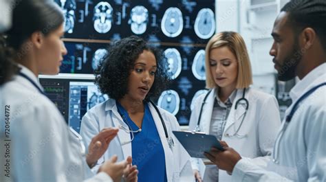 Group Of Medical Professionals Is Intently Examining A Series Of Brain