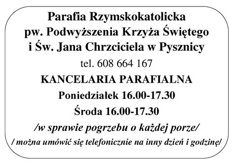 Zmiana Godzin Funkcjonowania Kancelarii Parafialnej Parafia Pysznica