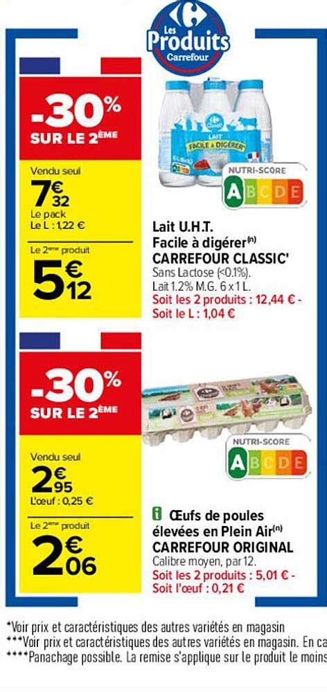 Promo Lait Uht Facile à Digérer Carrefour Classic Ou Oeufs De Poules