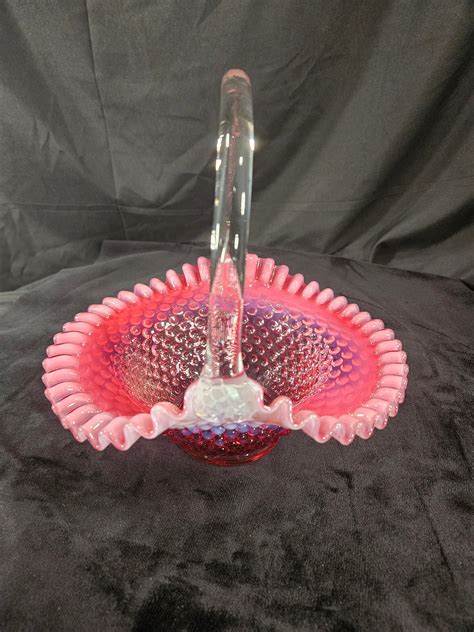 Vintage Fenton Cranberry Opalescent Hobnail Glass Basket With Clear Glass Handle Etsy