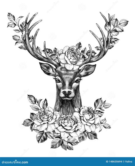 Deer Antlers Drawing With Flowers Japaneseteaartdrawing