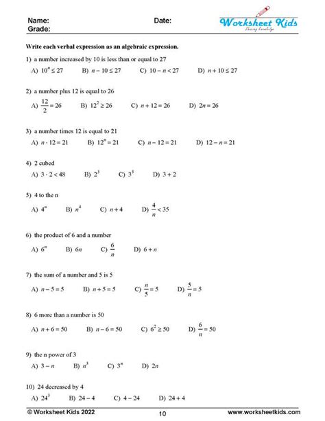 Master Algebra With Ease 12 Engaging Worksheets For Converting Verbal