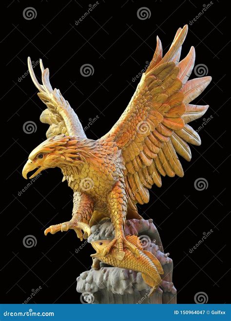 Golden Eagle Statue With Big Expanded Wings Isolated On Black