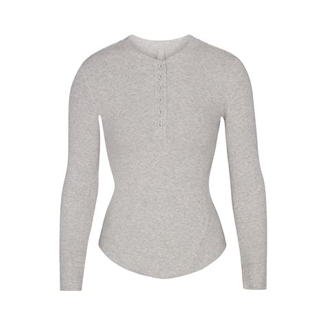 Cotton Rib Henley Long Sleeve Top Light Heather Grey Skims