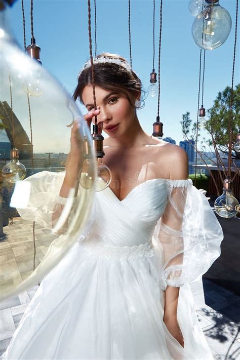 Beautiful Brunette Woman Pretty Bride Wedding Big Day Marriage Ceremony In Summer Garden Wearing