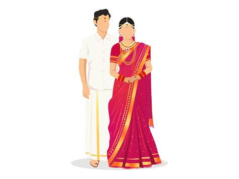 Faceless South Indian Wedding Couple Character Standing In Saree And