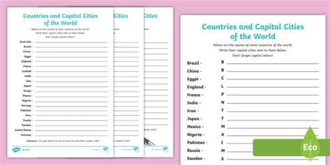 World Countries With Capitals Pdf Teacher Made Resources