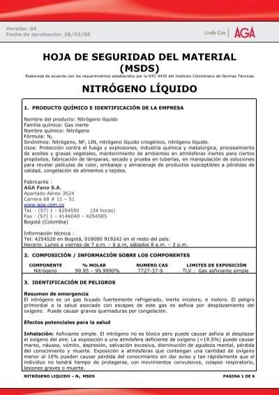 HOJA DE SEGURIDAD DEL MATERIAL MSDS NITRÓGENO LÍQUIDO