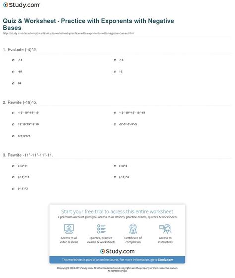 Quiz & Worksheet - Practice With Exponents With Negative Bases | Negative Exponents Worksheets ...