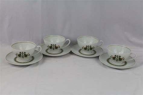 4 Sets Noritake Hermitage Partridges 6226 MCM Cups And Saucers Green