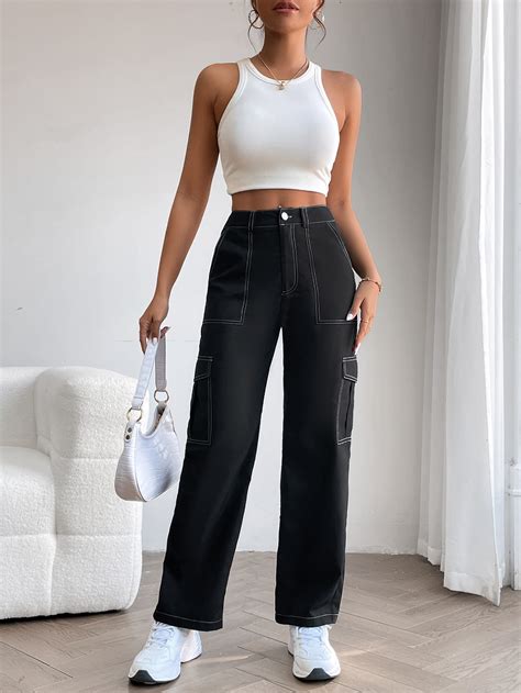 Shein Petite Pantalones Cargo De Talle Alto Con Puntada Con Bolsillo