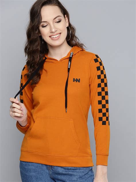 Buy Hereandnow Women Rust Orange Solid Hooded Sweatshirt Sweatshirts