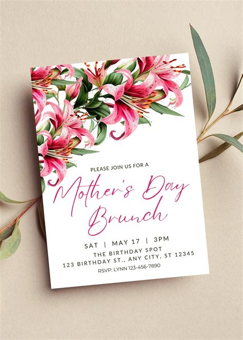 Editable Mother S Day Brunch Invitation Mother S Day Invitation Pink Floral Lilies